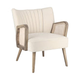 Retró stílusú, fehér színű bársonyhatású szövettel kárpitozott kaucsukfa klubfotel.