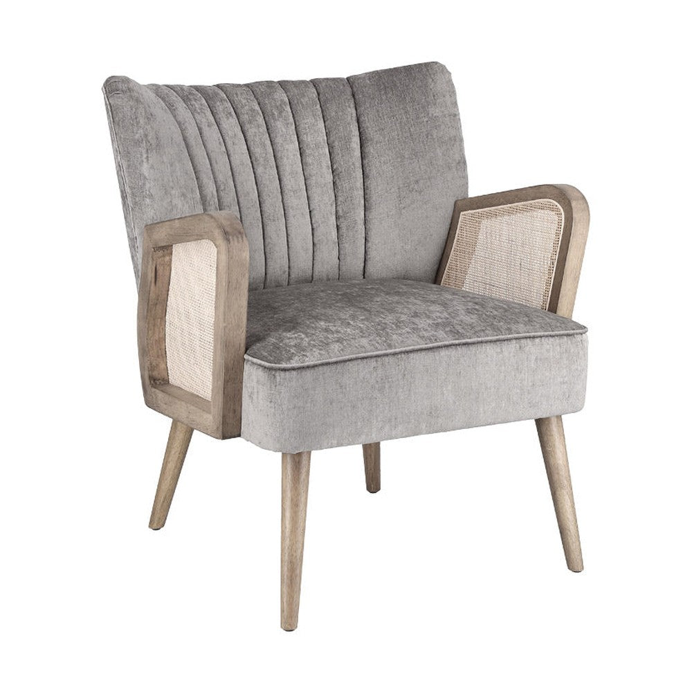 Retró stílusú, világosszürke bársonyhatású szövettel kárpitozott kaucsukfa klubfotel.