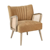 Retró stílusú, mustársárga bársonyhatású szövettel kárpitozott kaucsukfa klubfotel.