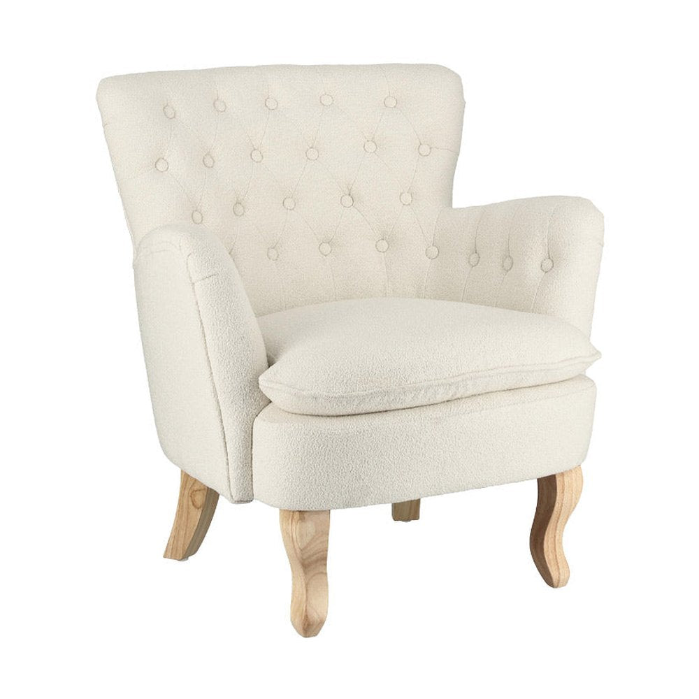 Vintage stílusú, fehér színű, bukléhatású pamutszövettel kárpitozott fenyőfa fotel.