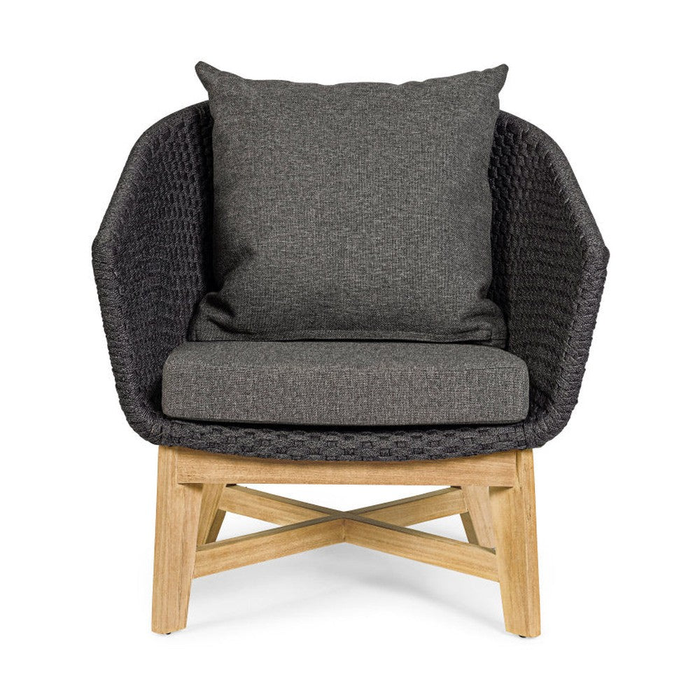 Prémium kategóriás, design kerti fotel sötétszürke színű párnákkal.