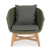 Design kerti fotel, olajzöld olefin kötélszövéssel, szürke színű ülő és hátpárnákkal.