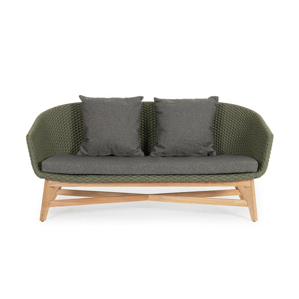 Design kerti kanapé, olajzöld olefin kötélszövéssel, szürke színű ülő és hátpárnákkal.