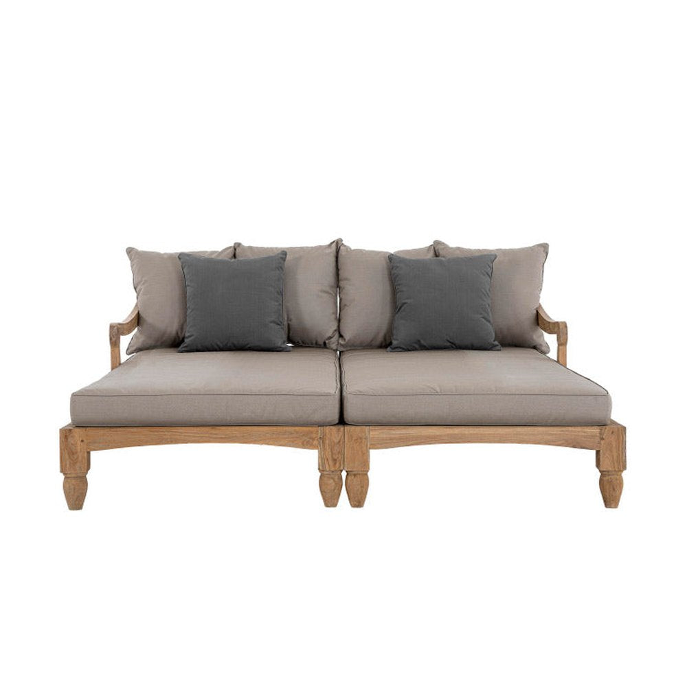 Két darabos, keleti stílusú teakfa pihenőágy szett szürkésbarna színű ülő- és hátpárnákkal.