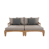 Két darabos, keleti stílusú teakfa pihenőágy szett szürkésbarna színű ülő- és hátpárnákkal.