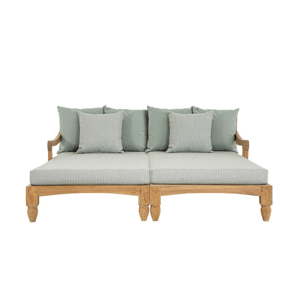 Két darabos, keleti stílusú teakfa pihenőágy szett zöldeskék színű ülő- és hátpárnákkal.