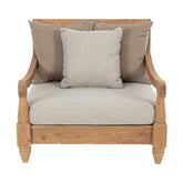 Keleti stílusú teakfa fotel bézs színű ülő- és hátpárnákkal.