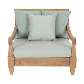 Keleti stílusú teakfa fotel zöldeskék ülő- és hátpárnákkal.