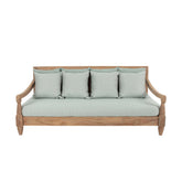 Keleti stílusú teakfa kanapé zöldeskék ülő- és hátpárnákkal.