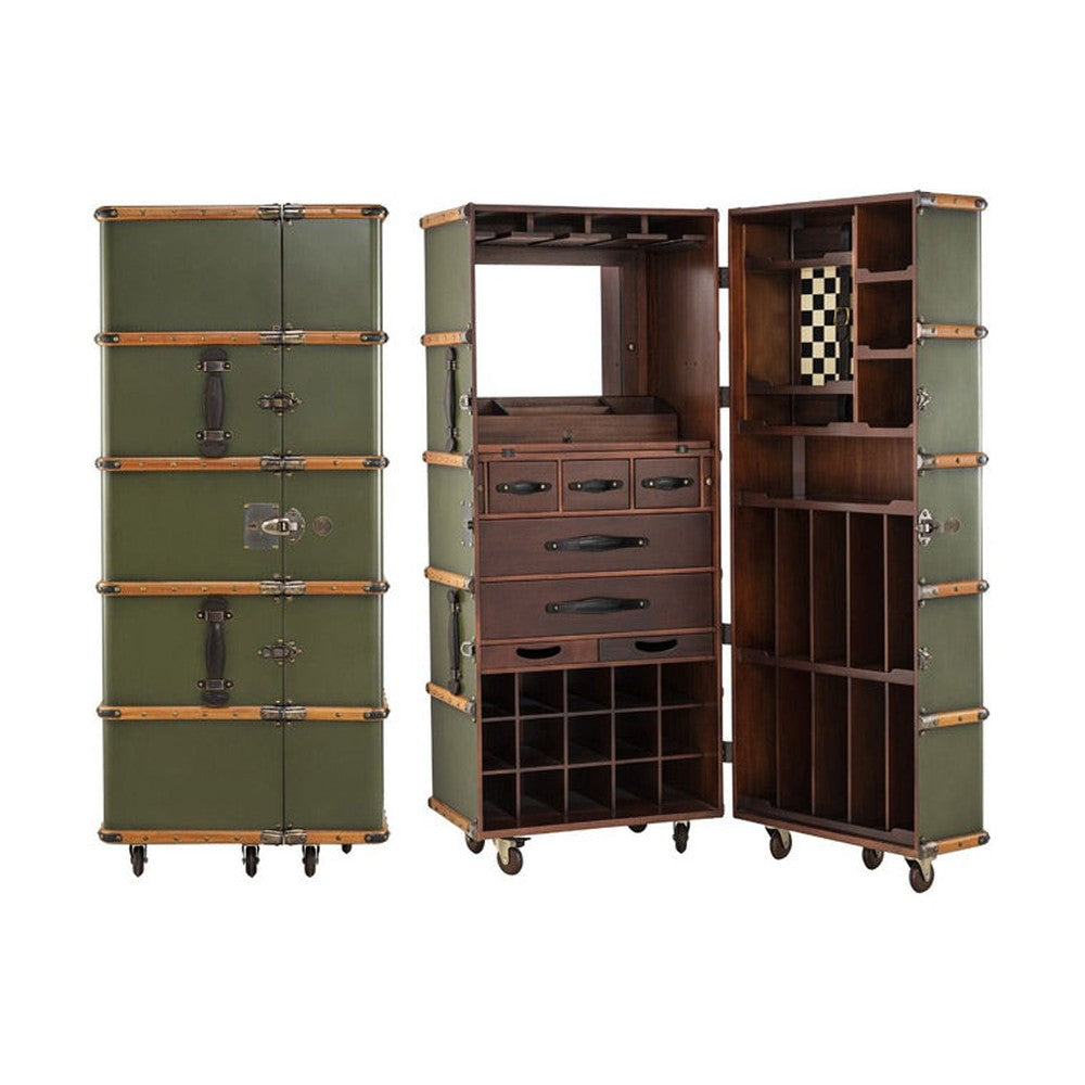 Századfordulós utazási bőröndök stílusában készült, zöld és mahagóni színű többfukciós bárszekrény görgőkön.