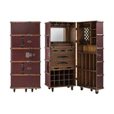 Századfordulós utazási bőröndök stílusában készült, bordó és mahagóni színű többfukciós bárszekrény görgőkön.