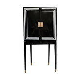 Fából készült, art deco stílusú, fényes fekete bárszekrény, fehér díszítősávokkal.