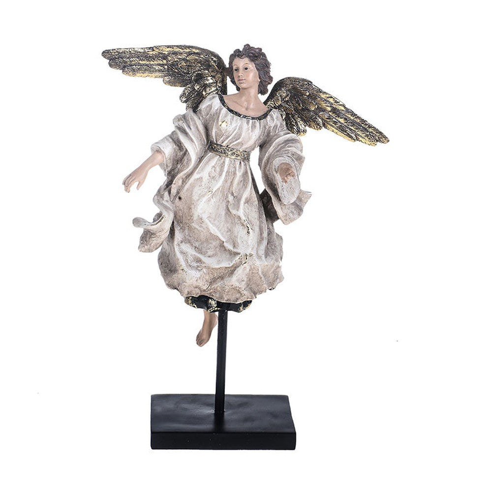Barokkos megjelenésű, 41 cm magas, antikolt felületű karácsonyi angyal figura óarany szárnyakkal