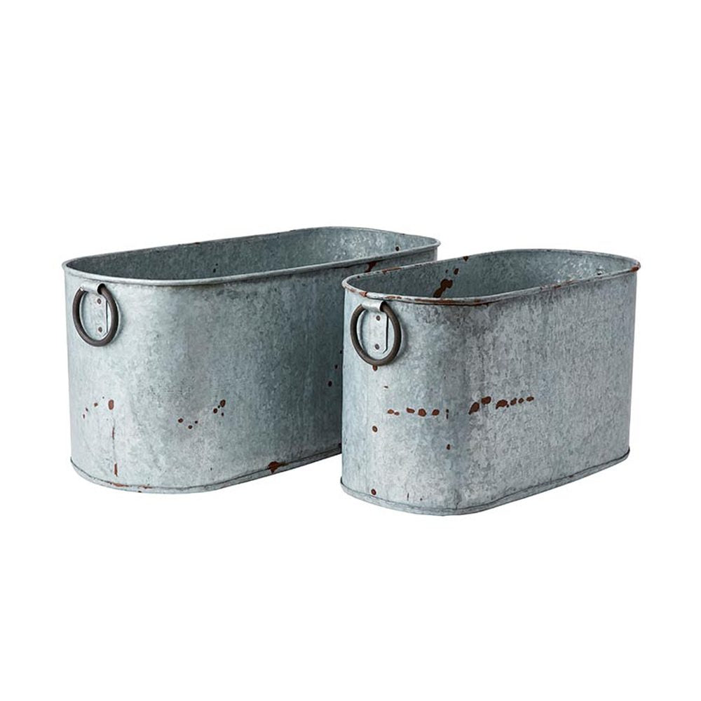 Vidék, country stílusú, óriás méretű, 50 és 60 cm hosszú, antikolt patinás felületű füles bádogkaspó szett