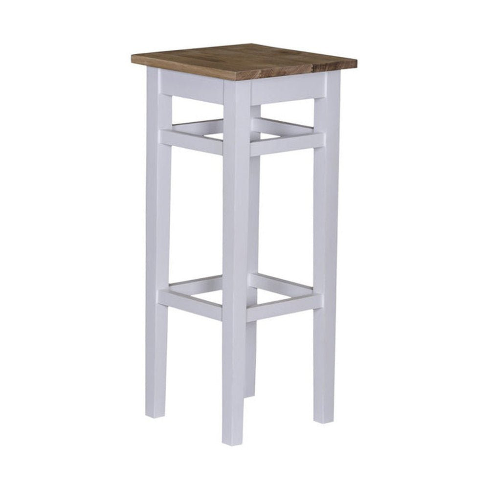 Fehér színű fenyőfa bárszék, natúr olajozott tölgyfa ülőlappal.