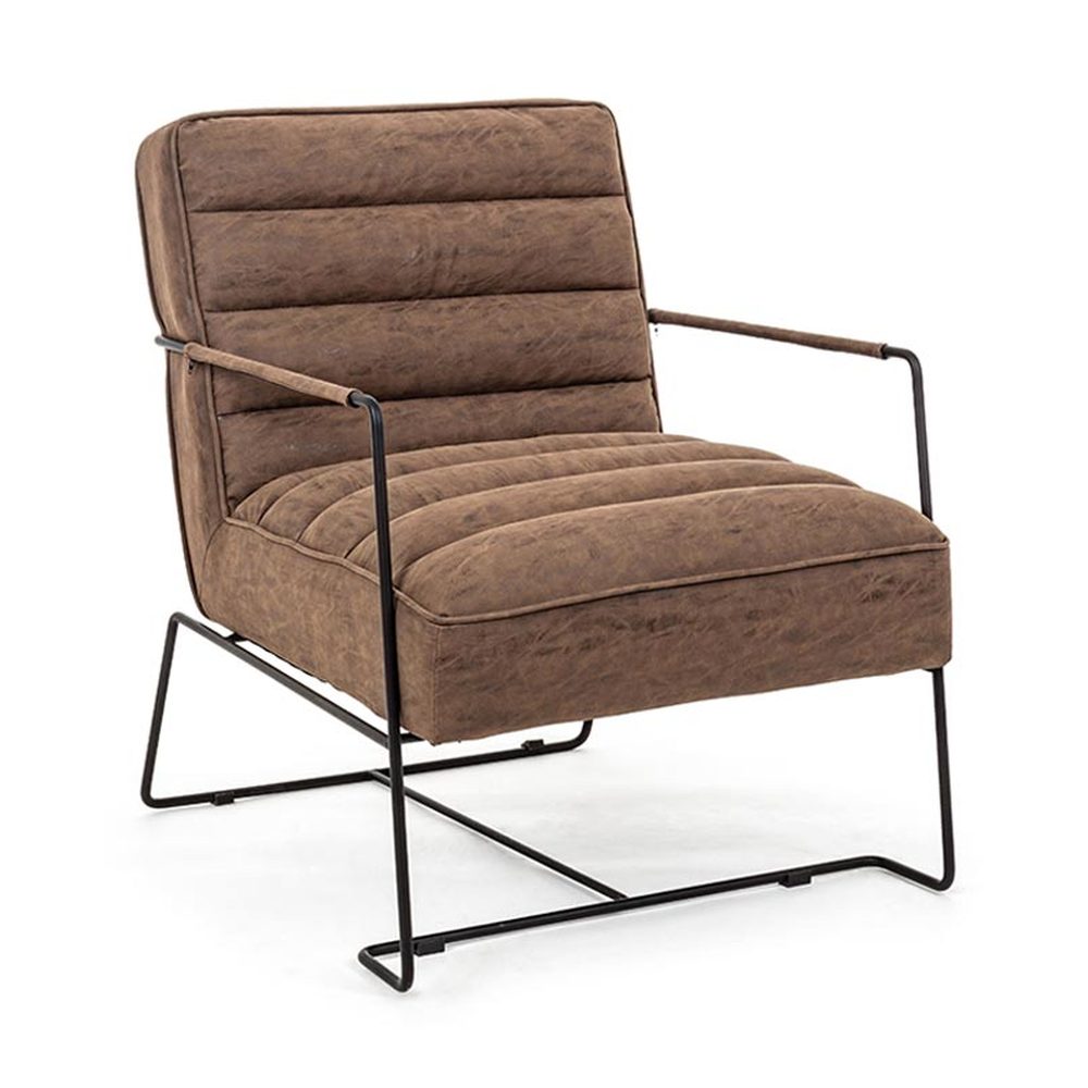 Barna színű velúr műbőrrel kárpitozott kortárs stílusú fotel.