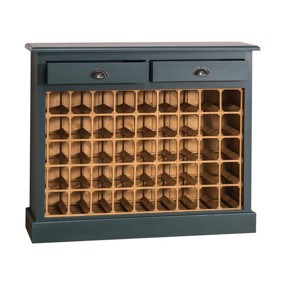 Fenyőfa borszekrény 49 bortartó rekesszel és két fiókkal. Natúr és sötéttürkiz színű.