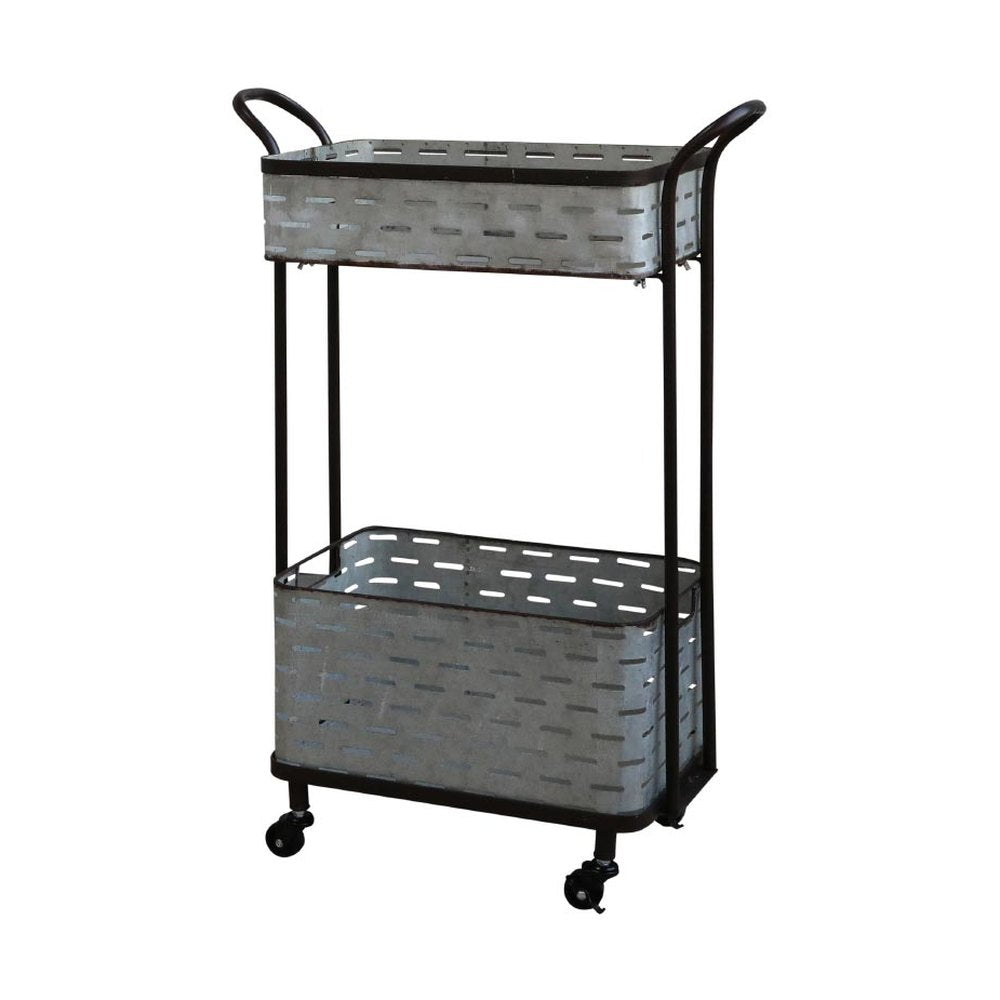 Görgős virágállvány. Fekete állványkereten, két enyhén antikolt fémkosár. Füllel, görgővel.