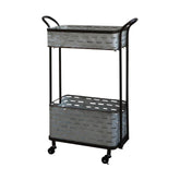 Görgős virágállvány. Fekete állványkereten, két enyhén antikolt fémkosár. Füllel, görgővel.