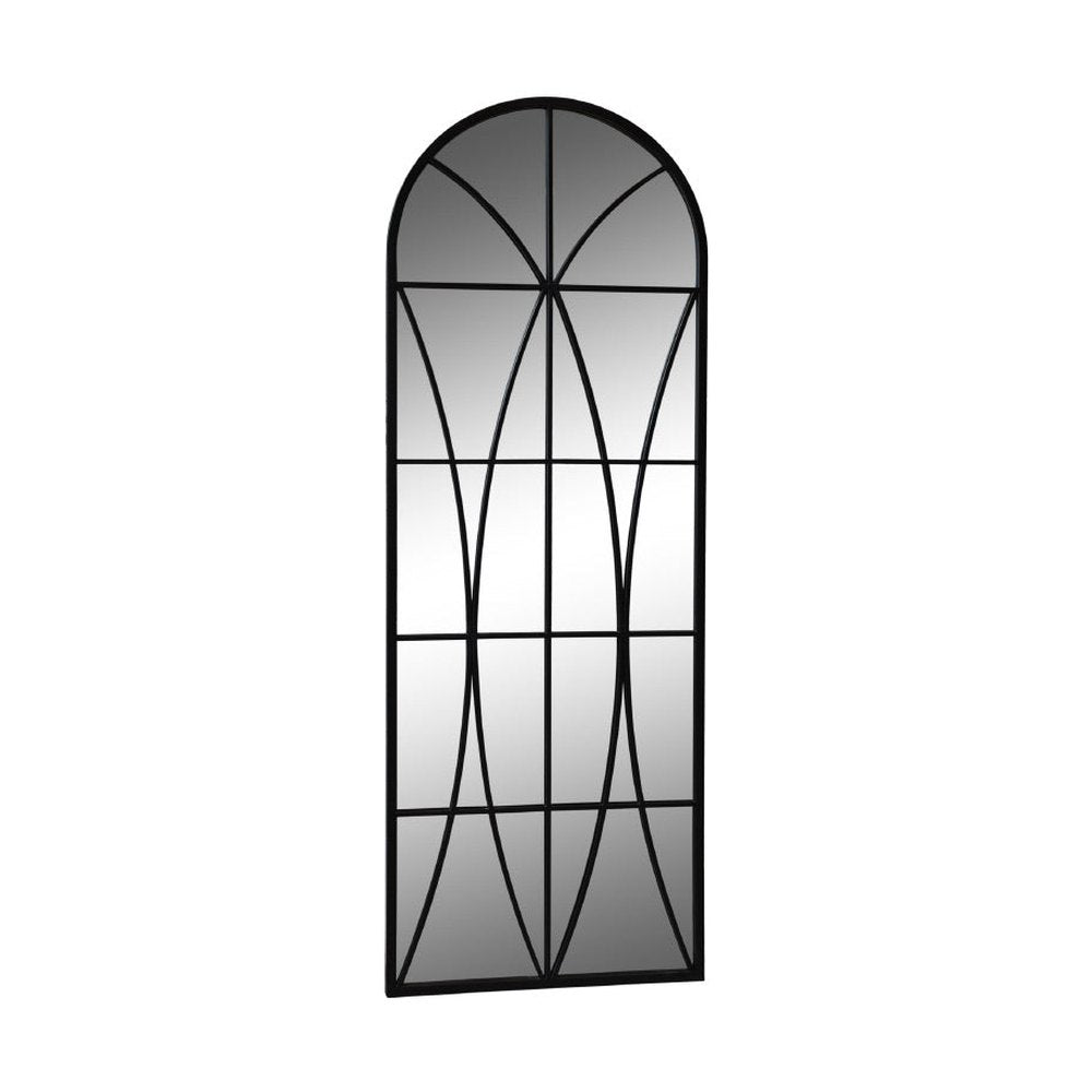 Loft stílusú, fekete színű, boltíves, dekorációs falitükör.