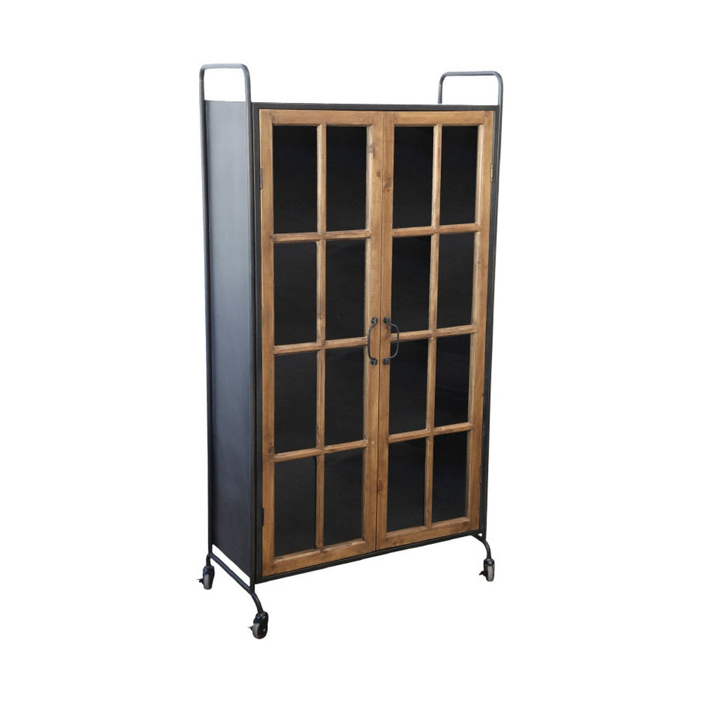 Industrial stílusú fém vitrines szekrény, jegenyefából készült üvegezett ajtókkal, és három darab nyárfa polccal.