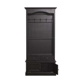 Fekete klasszicizáló előszobafal öt fogassal, két fiókkal és cipősszekrénnyel.