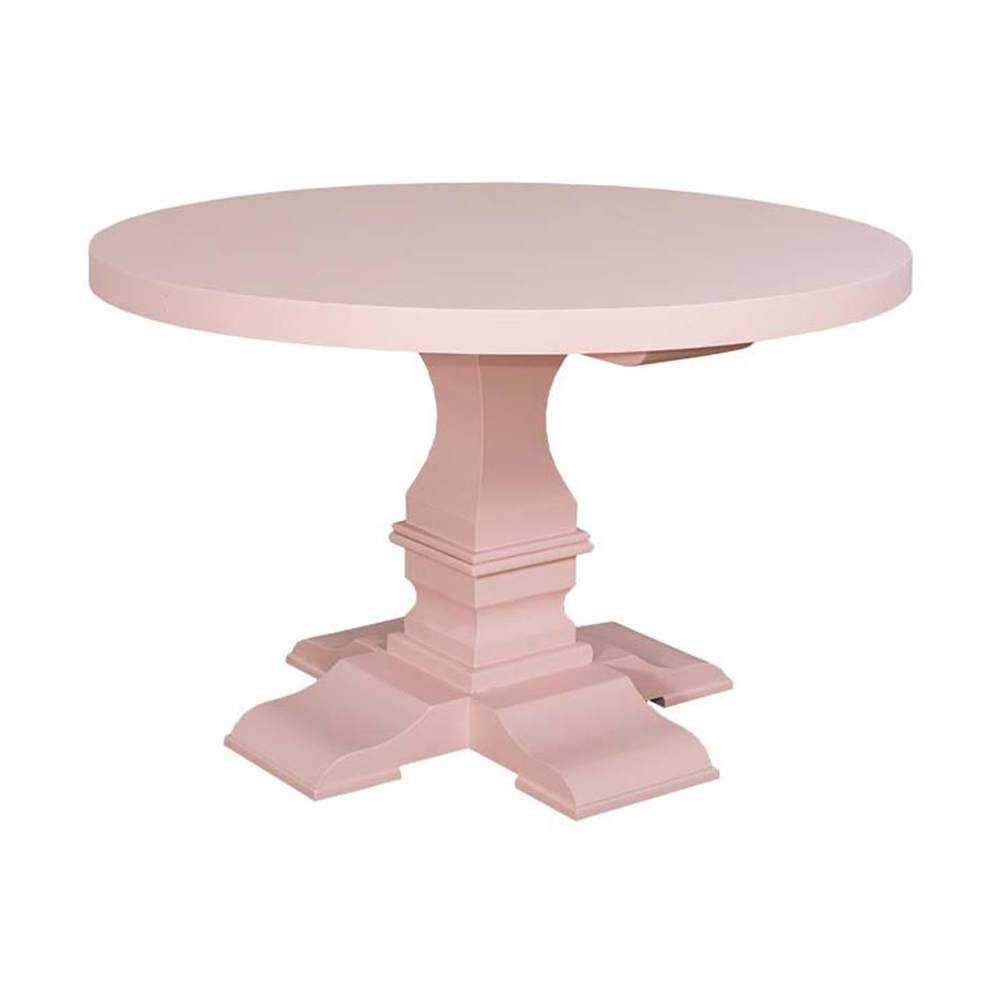 Fenyőfából készült kerek étkezőasztal vastag oszloplábon. A bútor színe krémszín.