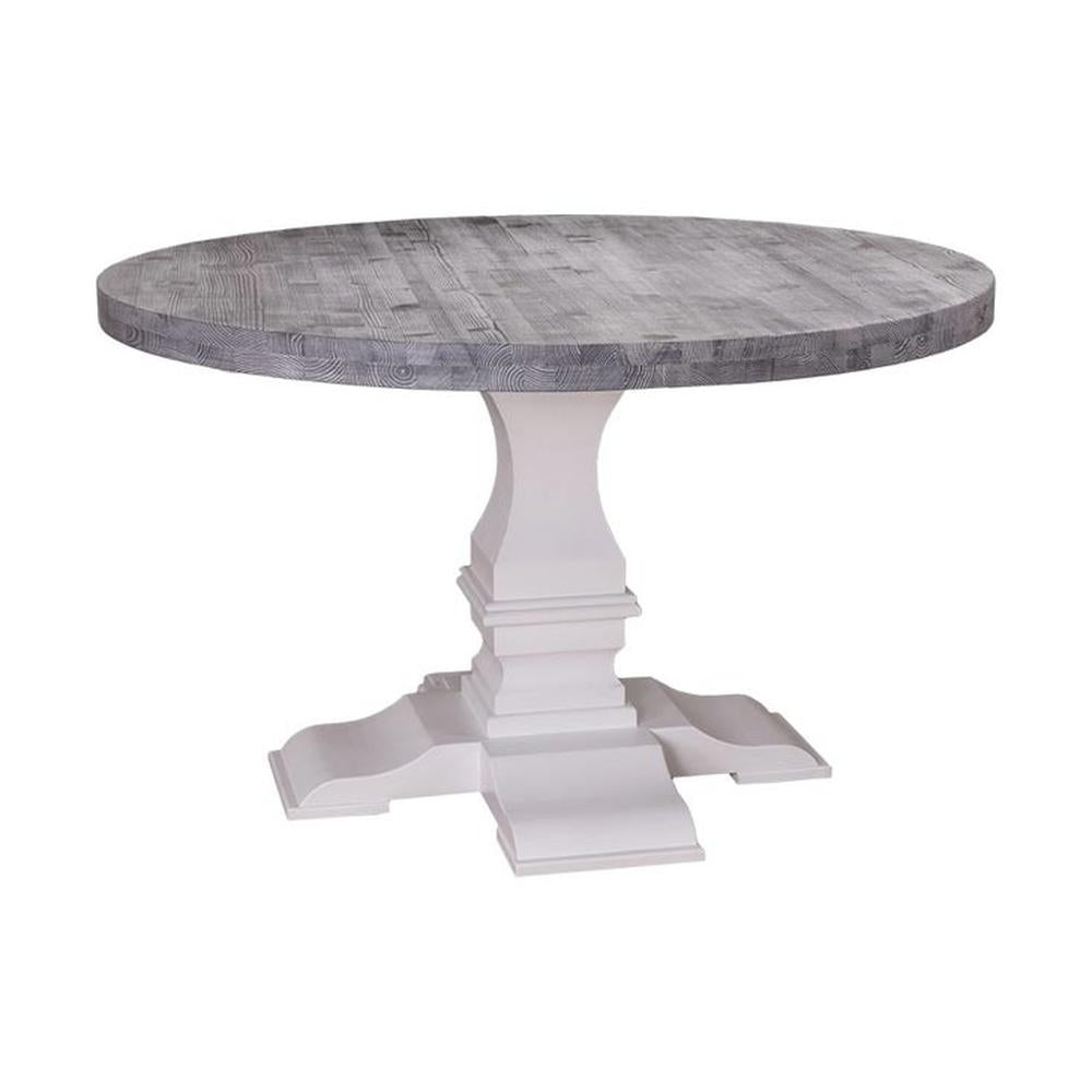 Kerek, fenyőfa étkezőasztal tölgyfa asztallappal. Az asztal lába fehér színű, az asztallap pácolt szürke.