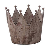 Vidéki vintage stílusú, 19 cm átmérőjű, antikolt felületű, koronás bádog kaspó.