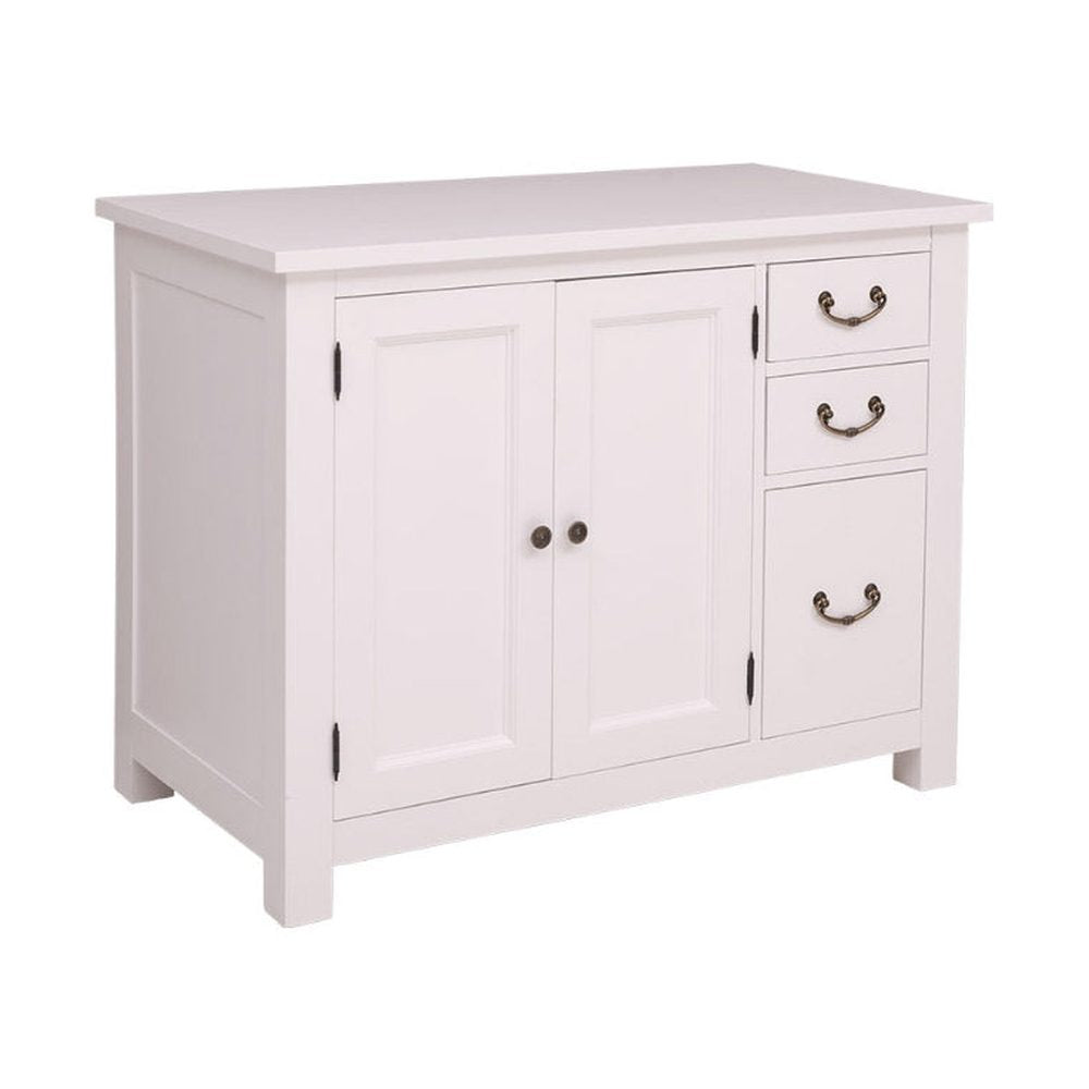 Fehér színű, tömör fenyőfából készült konyhabútor fiókokkal és polcos tárolóval.