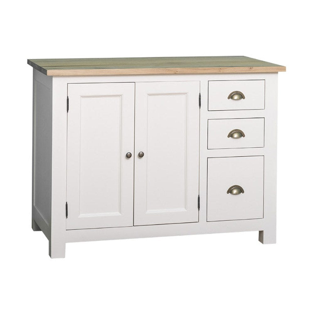 Fehér színű, tömör fenyőfából készült konyhaszekrény natúr tölgyfa fedlappal.