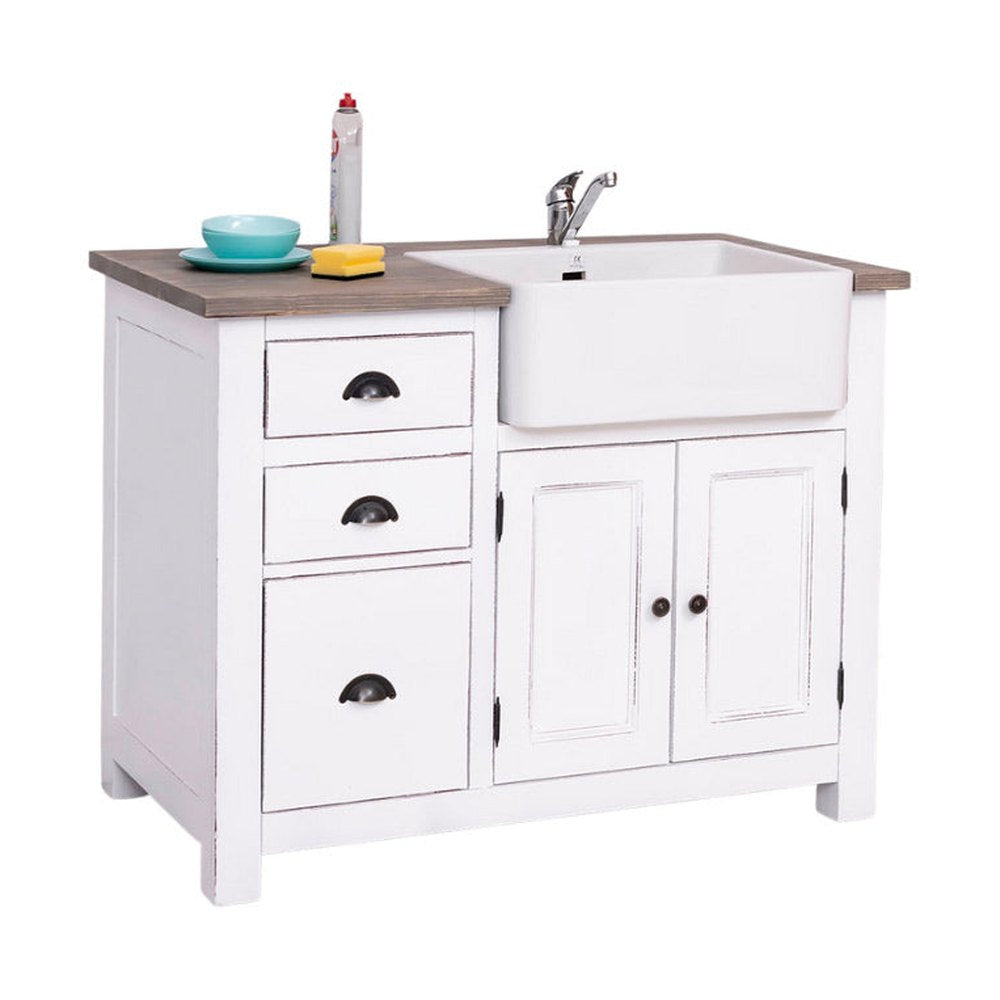 Antikolt fehér színű, tömör fenyőfából készült mosogatőszekrény, mogyoróbarna fedlappal.