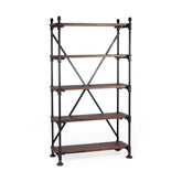 Industrial stílusú polcos állvány, fekete vas szerkezettel és öt darab mangófa polccal.