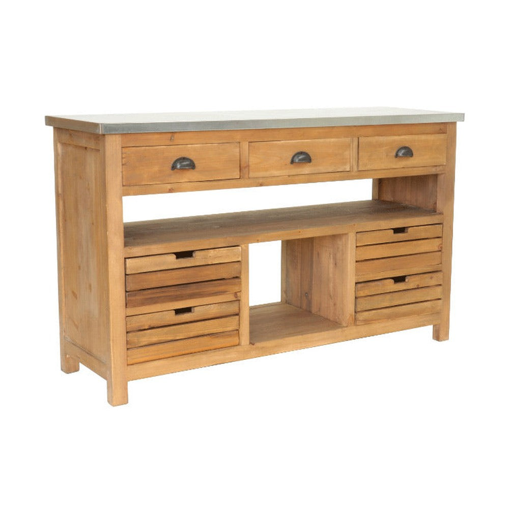 Újrahasznosított fenyőfából készült konyhai tálalóasztal cink fedlappal.