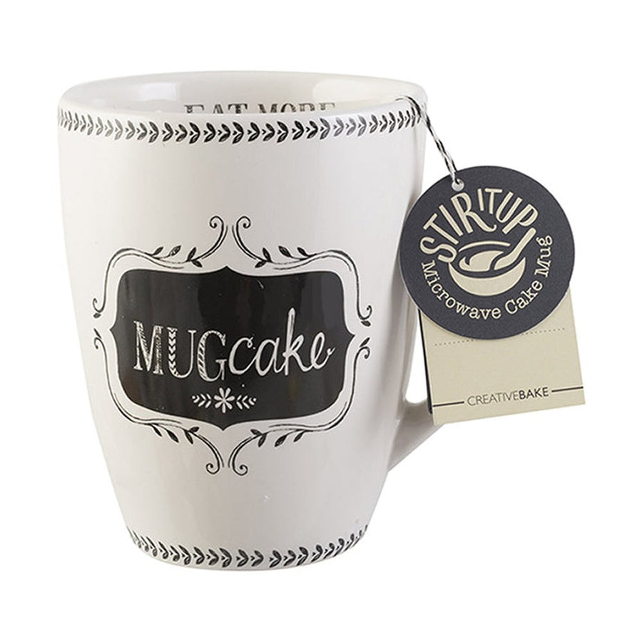 White Stir it Up ceramic mug with Mug cake label and attached tag