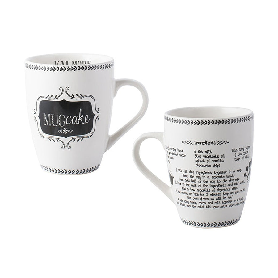Pair of white Stir it Up ceramic mugs showing Mug cake label and decorative frame