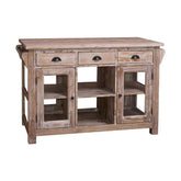 Country stílusú konyhasziget hat fiókkal, két oldalt üveges tárolóval, nyitott tárolóval. A bútort mélycsiszolásos technikával kezelték, így gyönyörűen kirajzolódnak rajta a fa erezetes mintái.