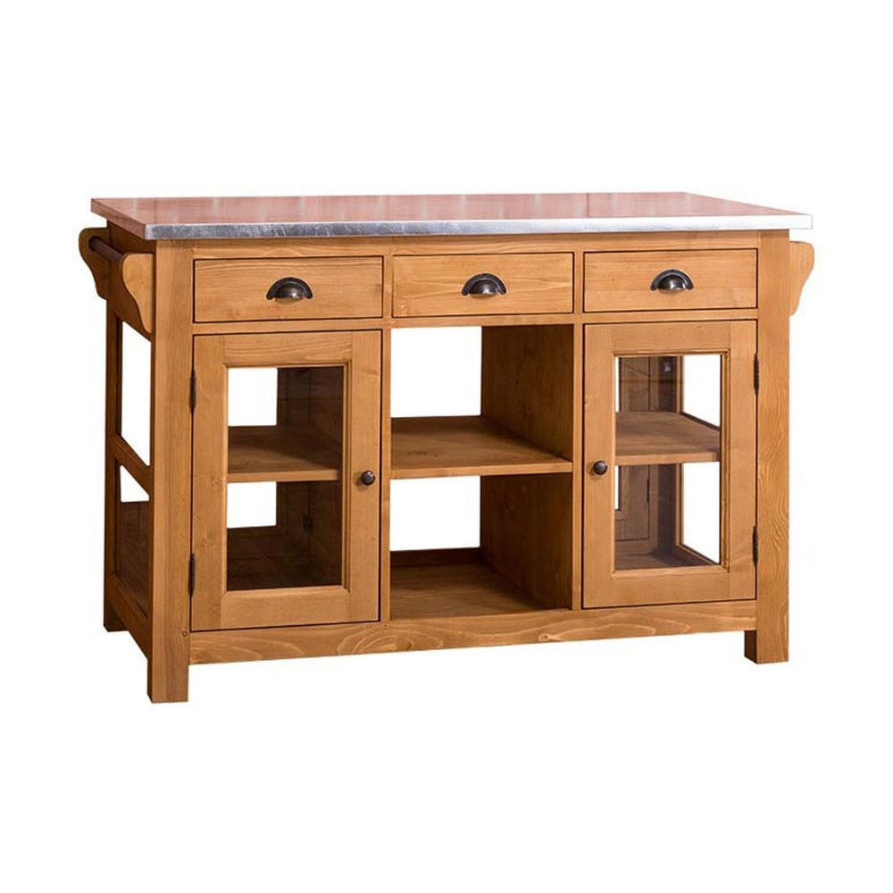 Country stílusú konyhasziget cinklap borítással. A tárolásról hat fiók, két üveges és egy nyitott tároló gondoskodik. Szine: natúr.