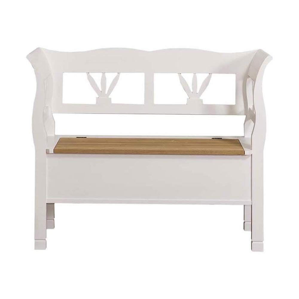 Country stílusú fenyőfa lóca tölgyfa ülőlappal, stilizált tulipánmotívummal díszítve. Színe fehér és pácolt natúr.