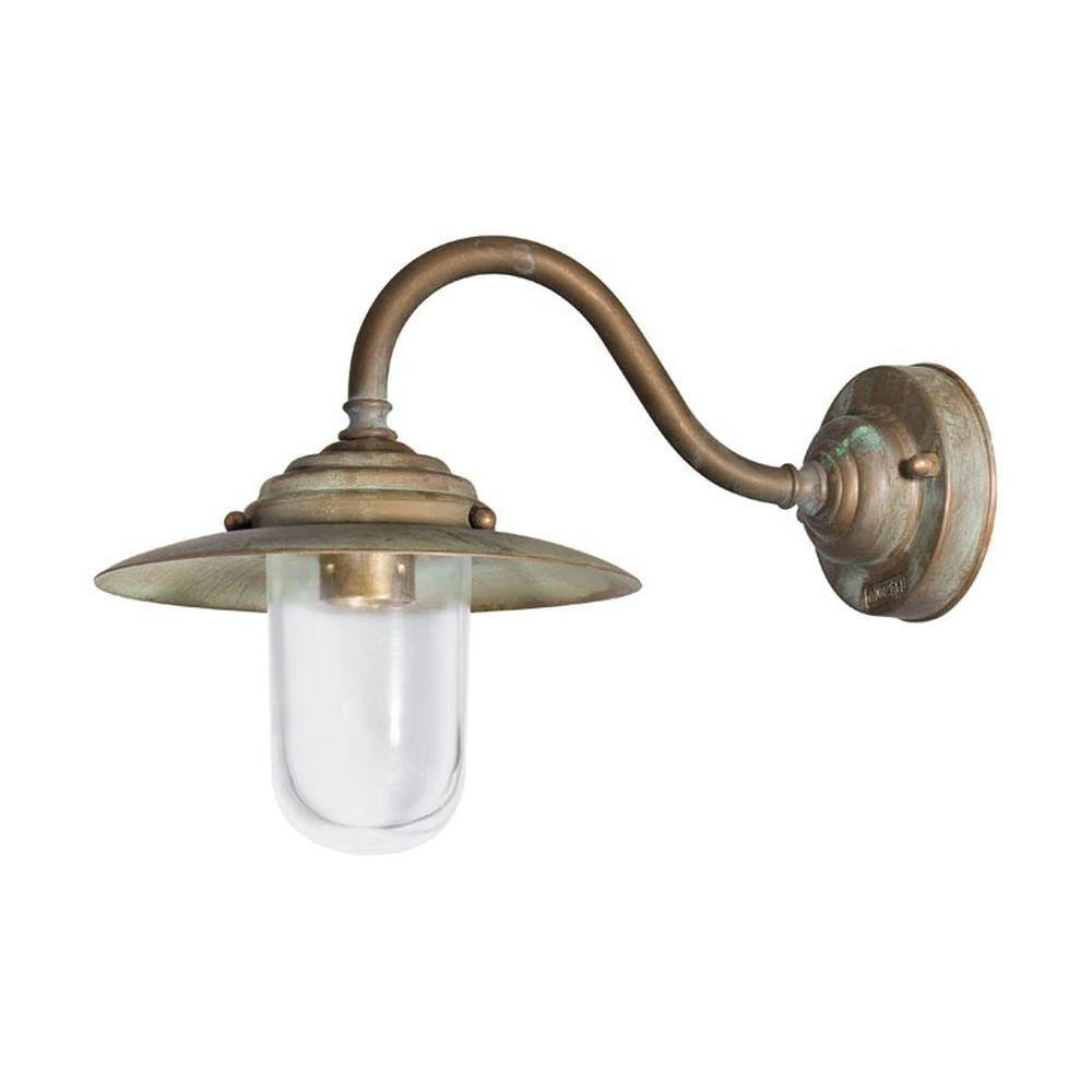 Country stílusú, antikolt réz színű falikar tányérszerű lámpatesttel és átlátszó üvegbúrával.