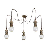 Vintage stílusú, antikolt sárgaréz színű, öt lámpából álló függeszték sárgarézből és üvegből