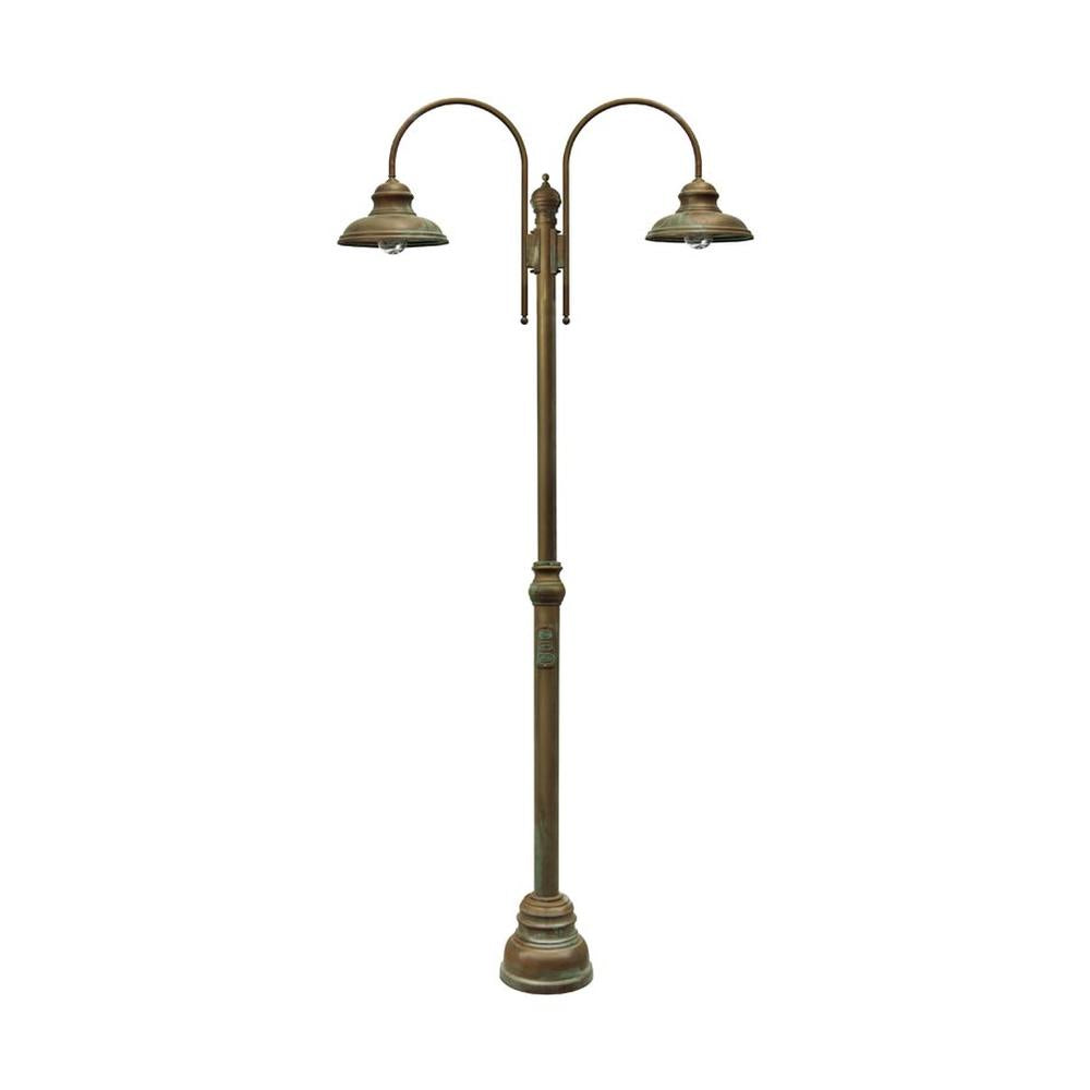 Vintage stílusú, 308 cm magas, két lámpával rendelkező, rézből készült kandeláber üvegbúrával.