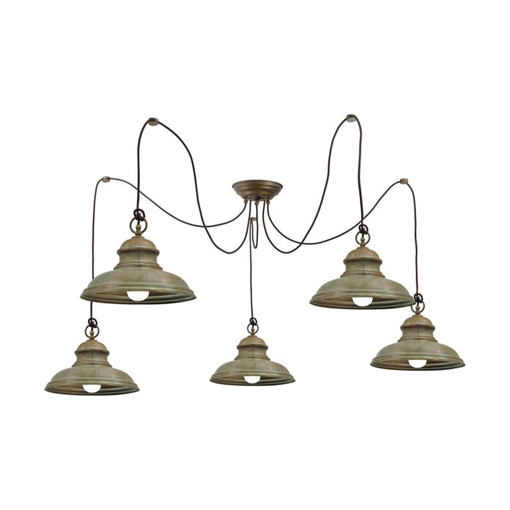 Vintage stílusú, antikolt sárgaréz színű, harang alakú, öt lámpából álló függeszték.