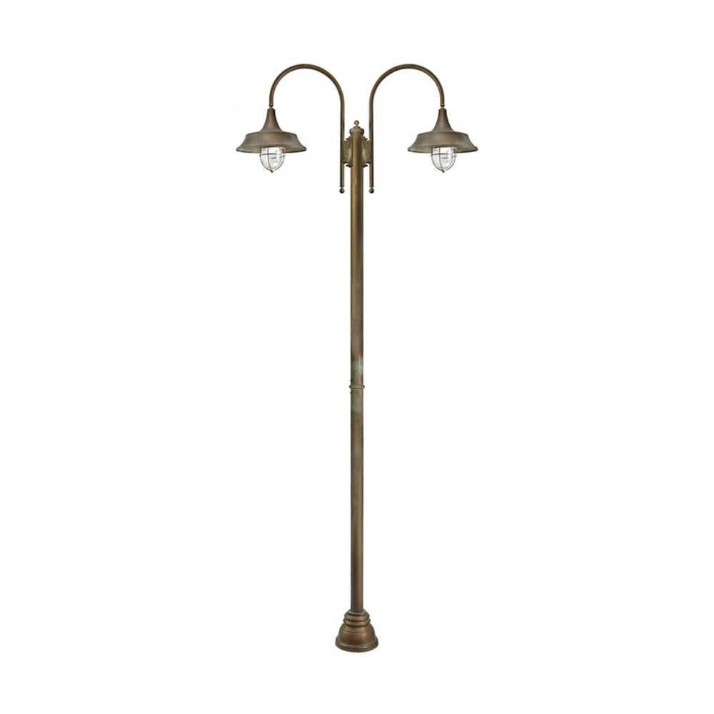 Vintage stílusú, rézből készült, 270 cm magas kandeláber üvegbúrával két foglalattal.