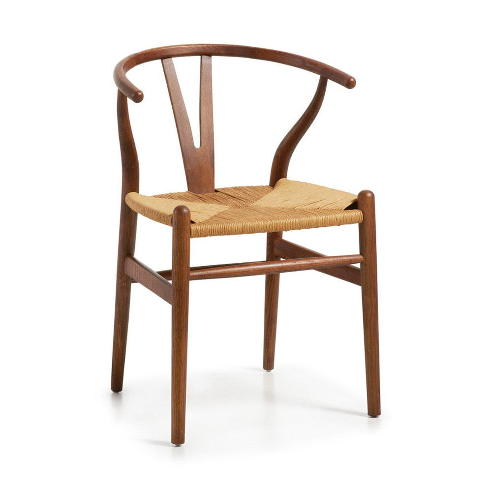 Kortárs stílusú, teakfából készült karosszék gyékényből szőtt ülőfelülettel.