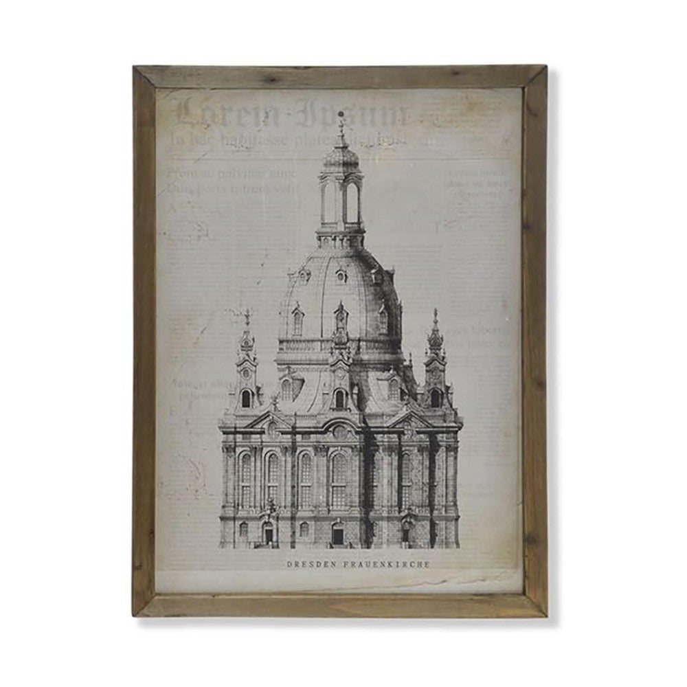 A drezdai Frauenkirche brazilka korabeli metszetrajzának fotóprintje üvegezett antikolt felületű fa képkeretben