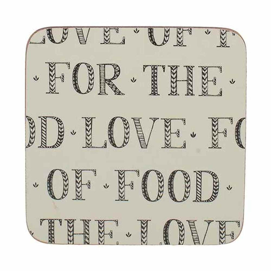 Six cork drink coasters in a beige gift box with a Love for Food design from Stir It Up