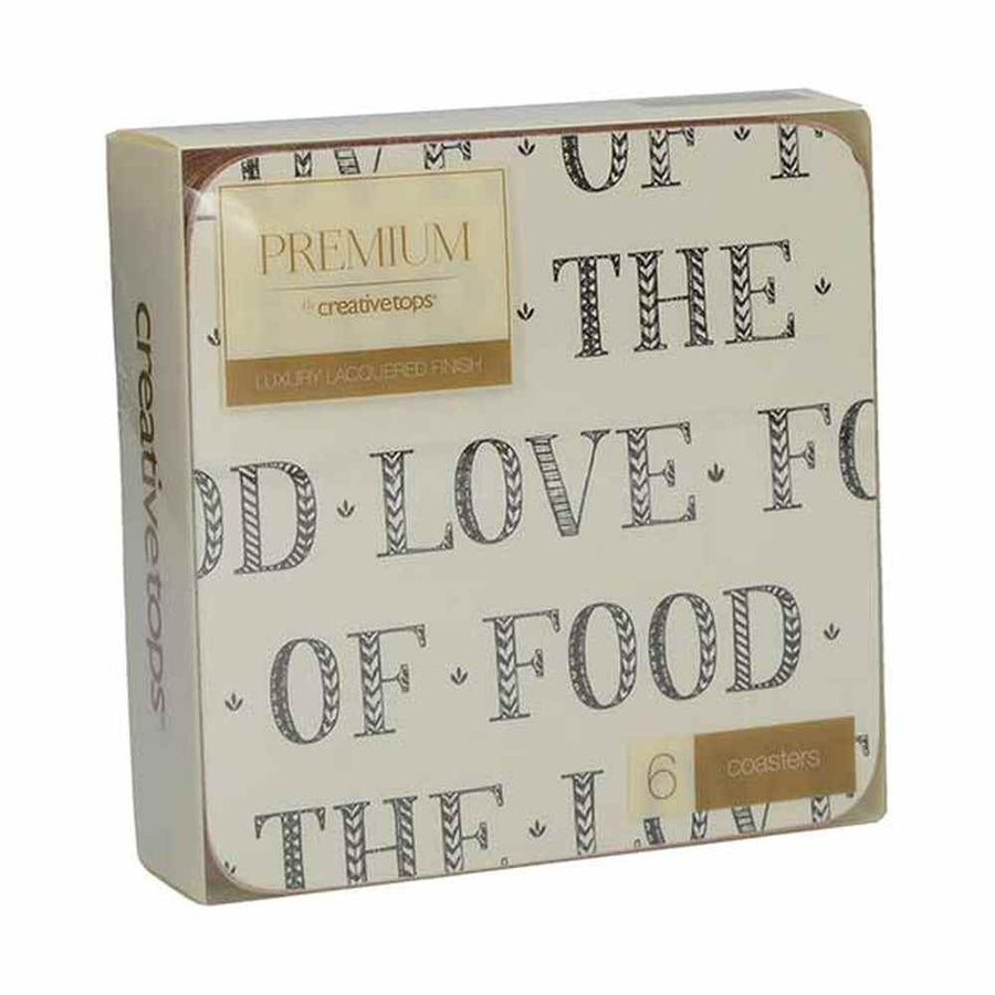 Packaging for a Stir It Up six piece cork coaster set with Love for Food pattern and Premium label