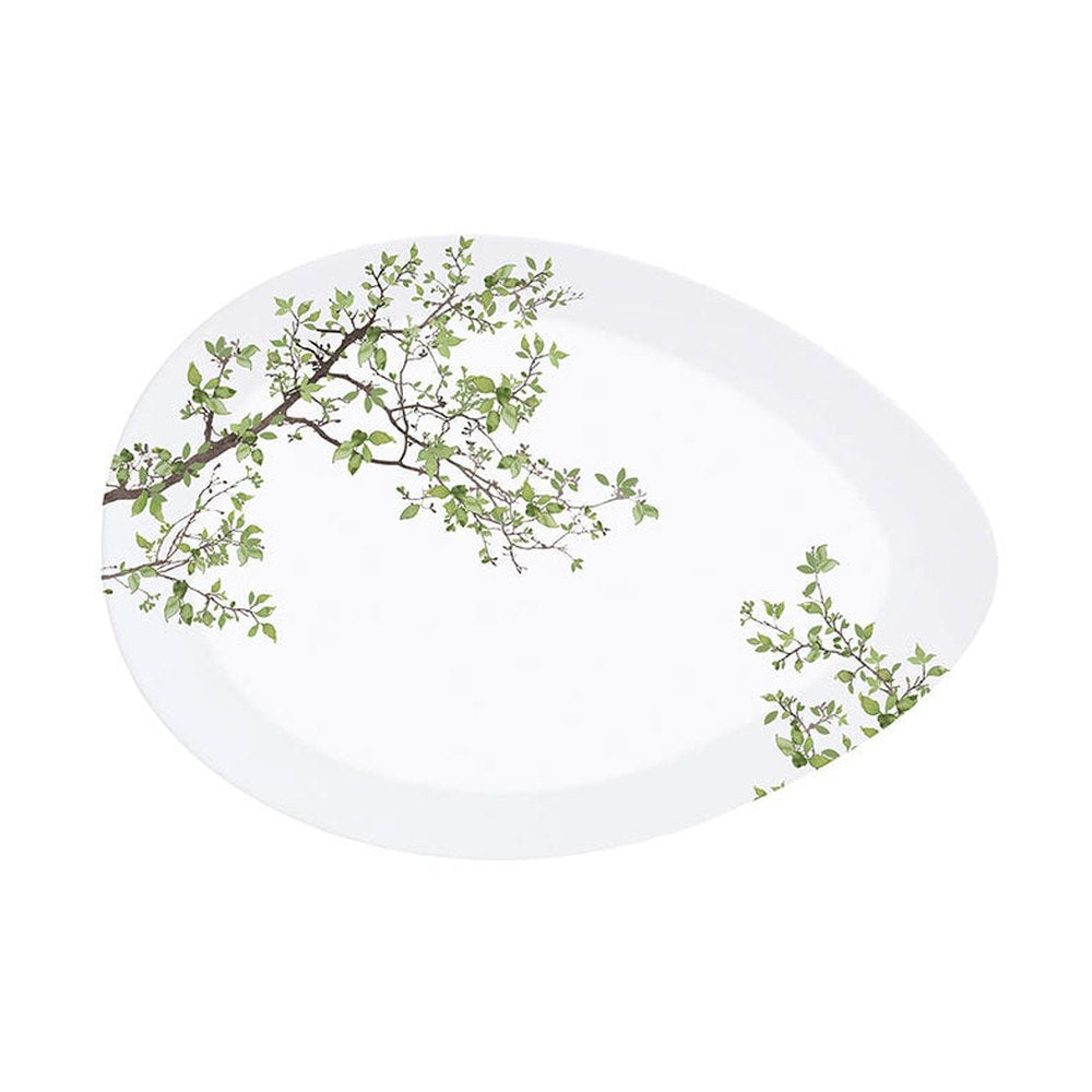 Zöldellő tavaszi faággal díszített, 24 cm hosszú, minőségi porcelánból készült kínáló tál díszdobozba csomagolva.