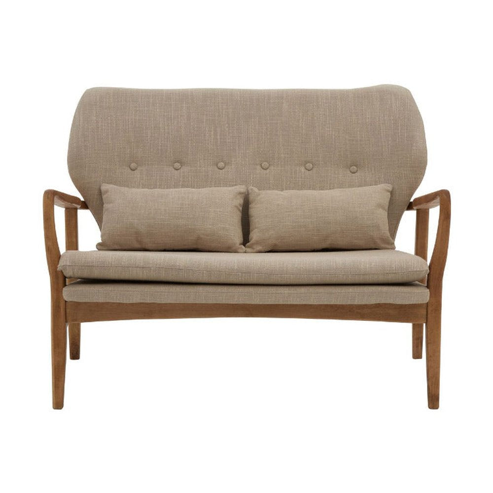 Skandináv stílusú, nyírfából készült kanapé bézs színű kárpitozással, ülő- és hátpárnákkal.